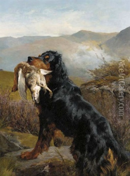 A Retriever With A Grouse Oil Painting - John Sargent Noble