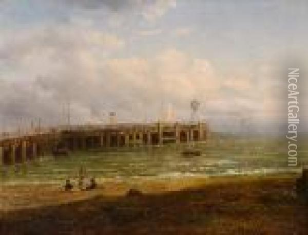 Felixstowe Pier Looking Towards Harwich Oil Painting - Thomas Smythe