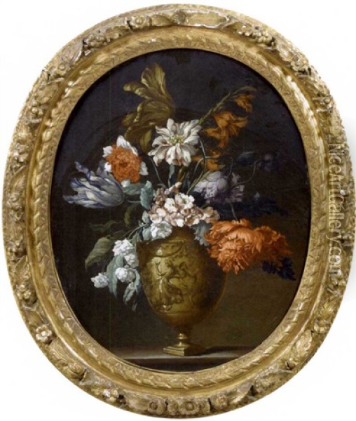 Vase De Fleurs Pose Sur Un Entablement Oil Painting - Jean-Baptiste Monnoyer