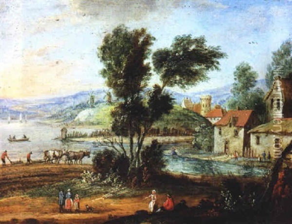 Landschaft Mit Windmuhlen Und Ein Dorf An Einem Flus Oil Painting - Jan Frans van Bredael the Elder