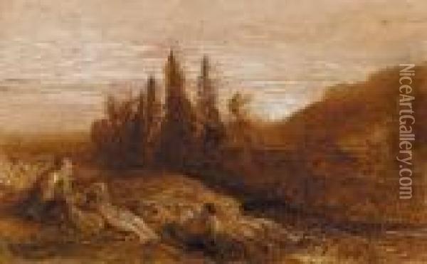 Figures Resting On A Bank Above A River At Sunset Oil Painting - Samuel Palmer