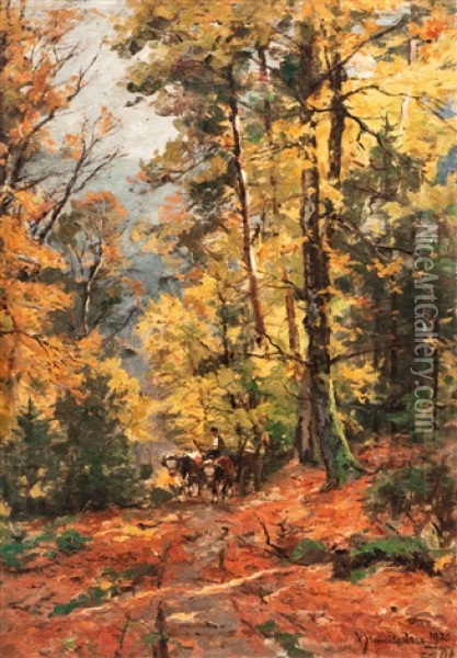 Ochsenkarren Im Wald Oil Painting - Vitus Staudacher