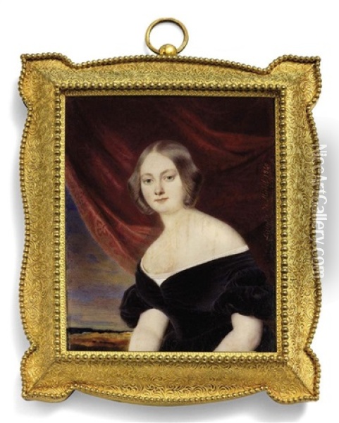 A Young Lady Called Madame Bouclier, In Decollete Black Velvet Dress With Puffed Sleeves And White Underdress Oil Painting - Aimee Zoe Lizinka de Mirbel