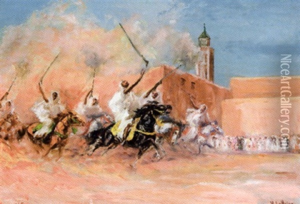 Fantasia Devant Les Remparts De Meknes Oil Painting - Henri Lemaire