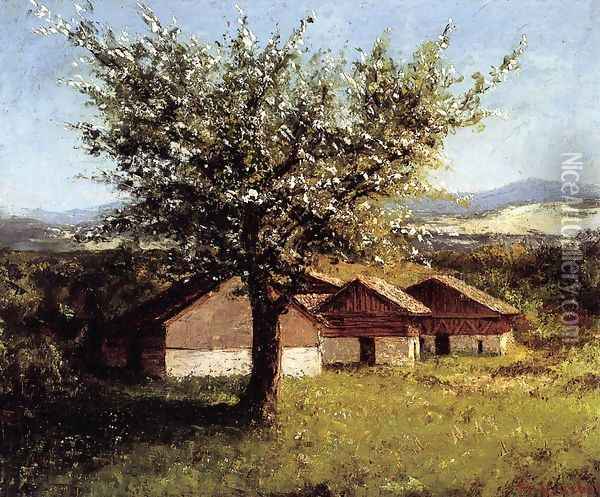 Swiss Landscape with Flowering Apple Tree Oil Painting - Gustave Courbet