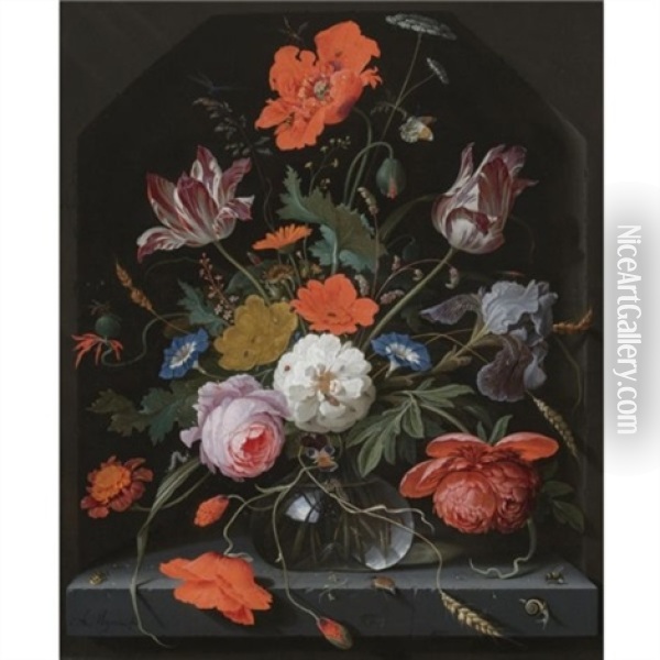 A Still Life With Peonies, Roses, Parrot Tulips, Morning Glory, An Iris And Poppies In A Glass Vase Set Within A Stone Niche And Caterpillars, A Snail, A Bee And A Cockchafer On The Ledge Below Oil Painting - Abraham Mignon