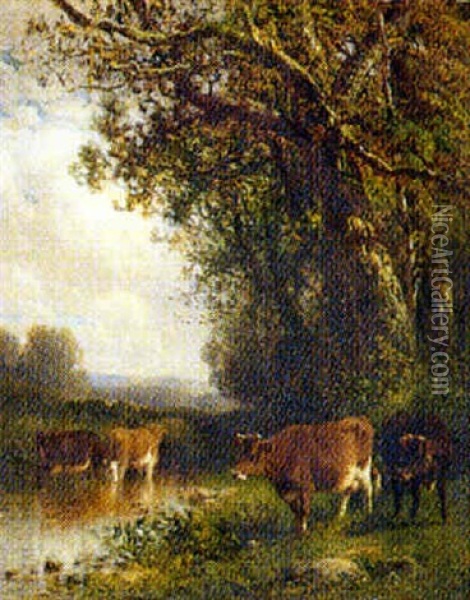 Landscape With Cows Beside A Stream Before Mountains And Stormy Skies Oil Painting - William M. Hart