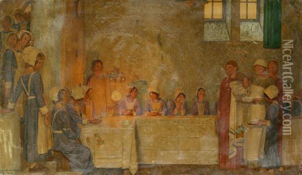 Nurses At Cloister Oil Painting - Frederick Cayley Robinson