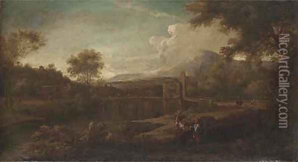 Italianate river landscape with figures in the foreground, a Roman bridge beyond Oil Painting - George Lambert