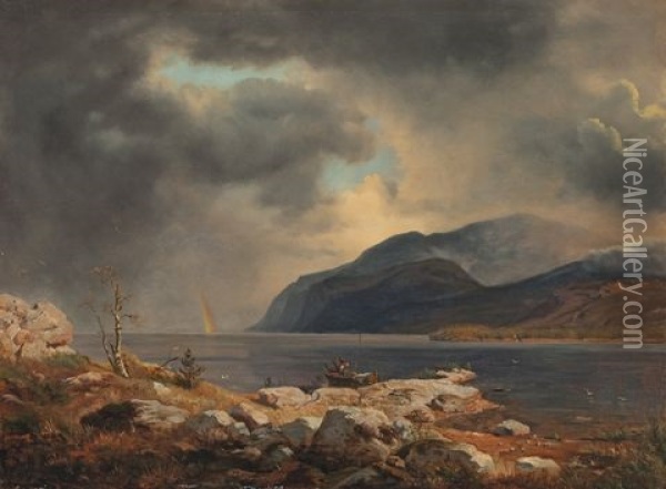 Norwegische Fjordlandschaft Mit Regenbogen Oil Painting - Andreas Achenbach