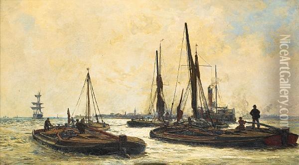 Barges Working Their Way Up The Estuary At Twilight, Heading For London Docks Oil Painting - William Lionel Wyllie