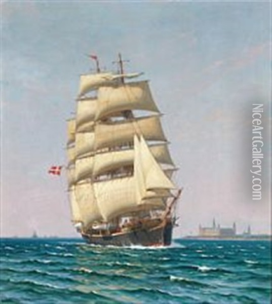 Seascape With The Danish Training Ship Georg Stage Near Kronborg Castle Oil Painting - Vilhelm Karl Ferdinand Arnesen