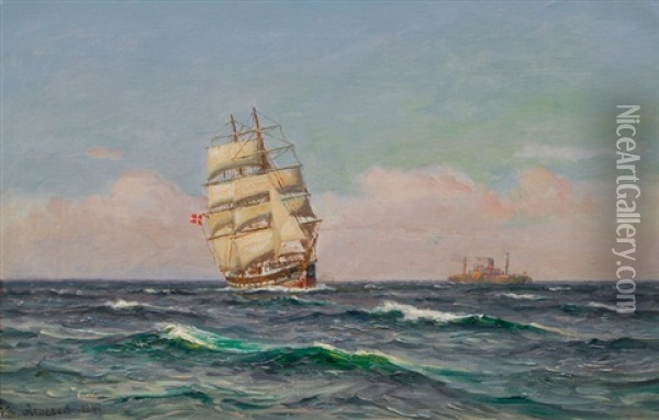 A Threemaster And A Freight Ship Oil Painting - Vilhelm Karl Ferdinand Arnesen