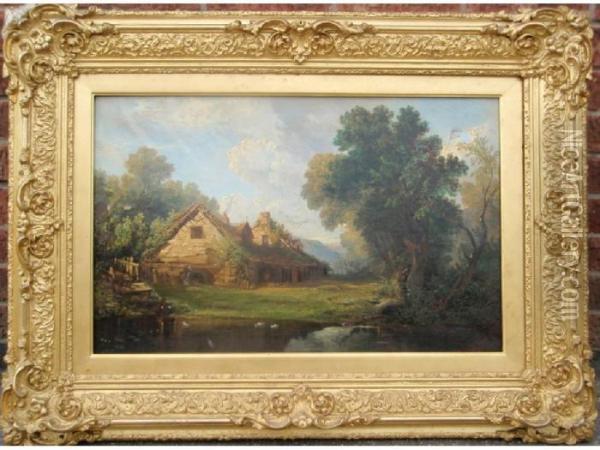 Cottages By A Mill Pond Oil Painting - Henry Hewitt