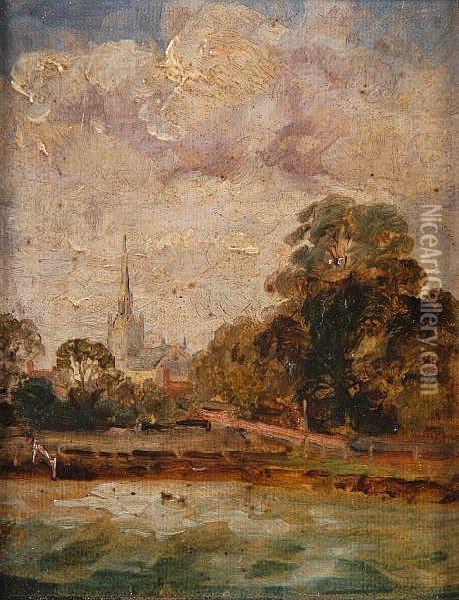 River With Church Beyond Oil Painting - Thomas Gainsborough
