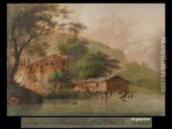 Das Fischerhaus Am Vierwaldstadter See Vor Dem Pilatus Oil Painting - Johann Heinrich Bleuler I