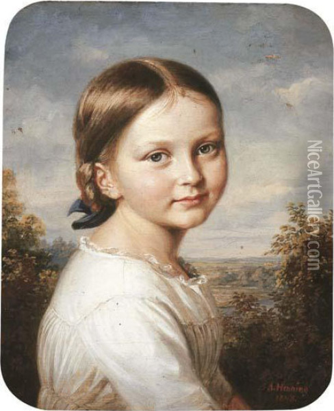 Portrait Of A Young Girl In A White Dress Oil Painting - Adolf Henning