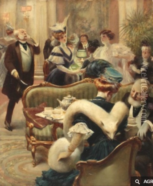 Reunion Dans Un Salon Parisien Oil Painting - Albert Guillaume