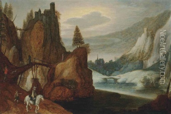 A Mountainous River Landscape With Travellers On A Bridge Oil Painting - Joos de Momper the Younger