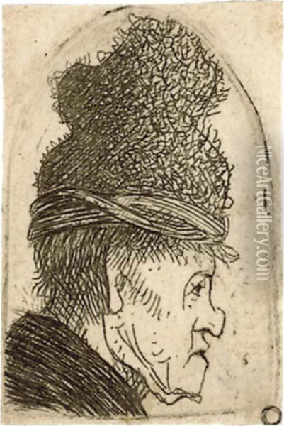 A Grotesque Profile: Man In A High Cap Oil Painting - Rembrandt Van Rijn