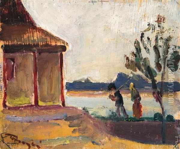 Back Home, On The Reverse: Wandering By The Lake Oil Painting - Janos Tornyai