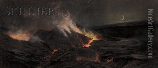 View Of A Volcanic Eruption (kilauea Caldera On Mauna Loa?) Oil Painting - Charles Furneaux