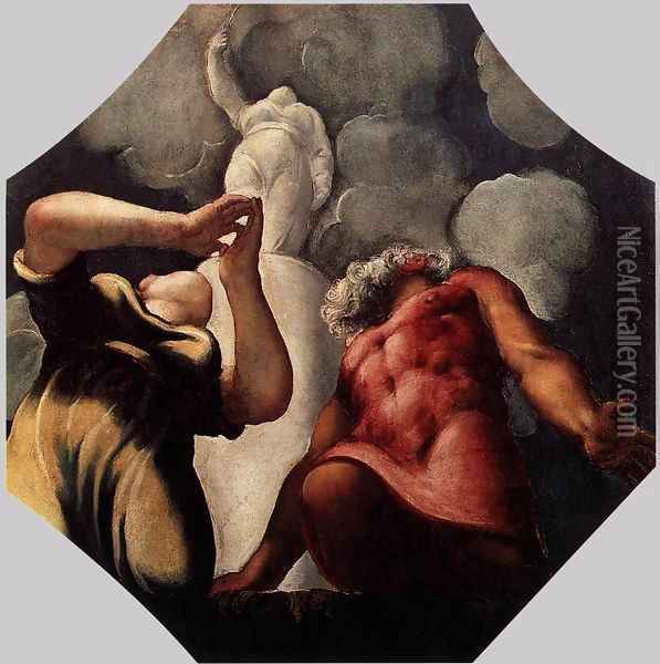 Deucalion and Pyrrha Praying before the Statue of the Goddess Themis 2 Oil Painting - Jacopo Tintoretto (Robusti)