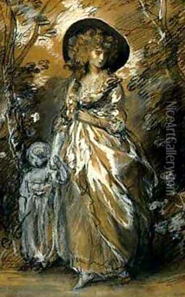 A Lady Walking in a Garden with a Child Oil Painting - Thomas Gainsborough