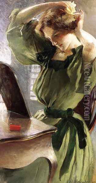 Young Woman Arranging Her Hair Oil Painting - John White Alexander
