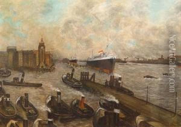 Hafentreiben Mit Schleppern Und Passagierschiffen Oil Painting - Gustav Wied