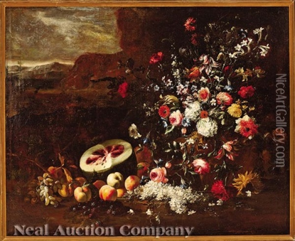 Still Life Of Flowers And Fruits In A Landscape Oil Painting - Giuseppe Recco