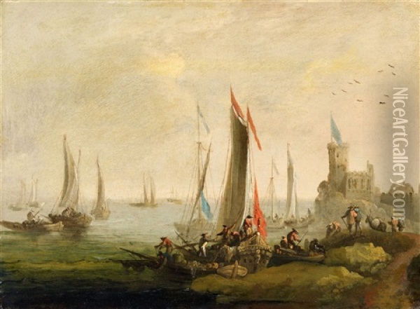 Sailing Ships Landing Beneath A Fortress Oil Painting - Norbert Joseph Carl Grund