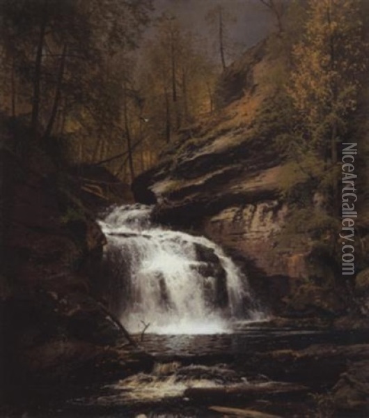 Forest Interior With Waterfall Oil Painting - Hermann Herzog