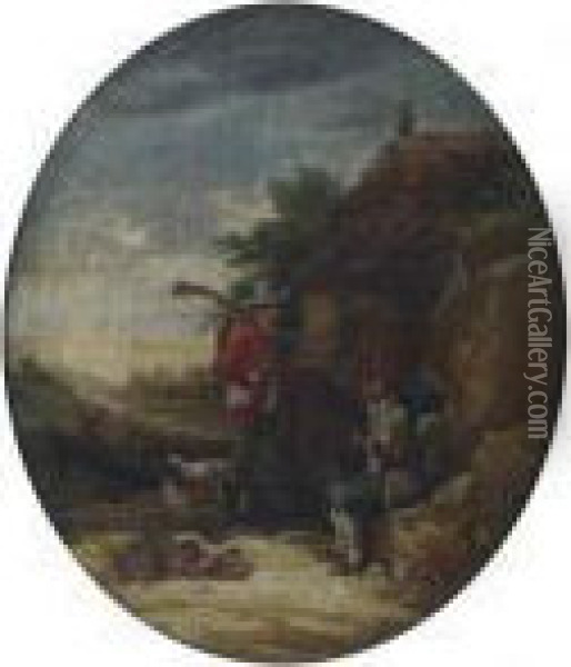 Le Chasseur Et Le Colporteur A La Porte De La Chaumiere Oil Painting - George Morland
