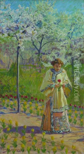 A Lady Walking In A Garden Oil Painting - William Leftwich De Dodge