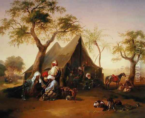 Sheiks drinking Coffee in Front of a Tent Oil Painting - Joseph Heicke