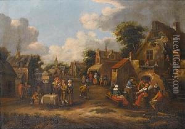 A Village Street With Peasants Merrymaking Before A Tavern And A Quack Doctor Administering To A Patient Oil Painting - Rutger Verburgh
