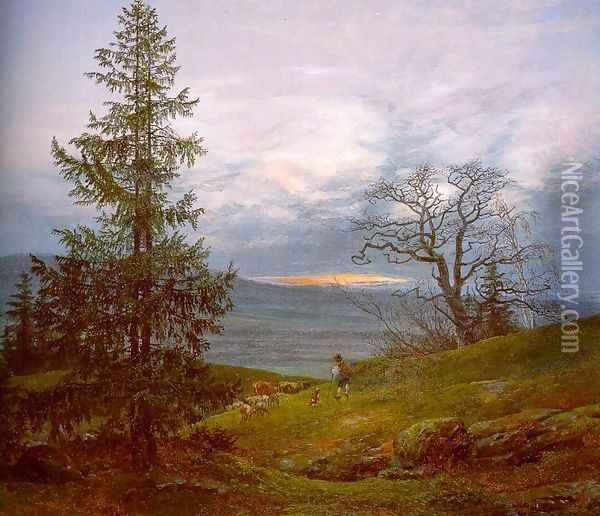 Evening Landscape with Shepherd 1822 Oil Painting - Johan Christian Clausen Dahl