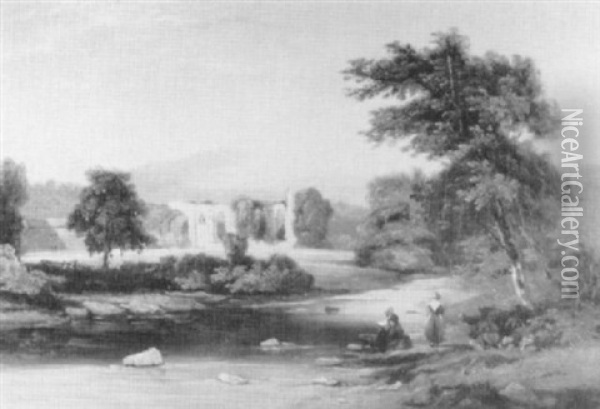Figures By A Stream, A Ruined Abbey Beyond;                 A Rocky River Landscape Wit Ha Distant Village Oil Painting - George Burrell Wilcock