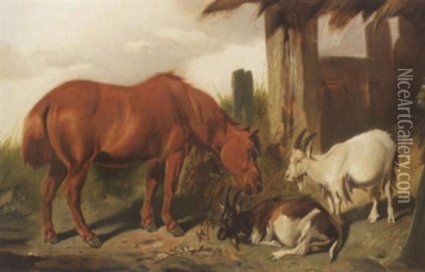 Zwei Ziegen Und Ein Pferd Vor Dem Stall Oil Painting - Pieter Plas