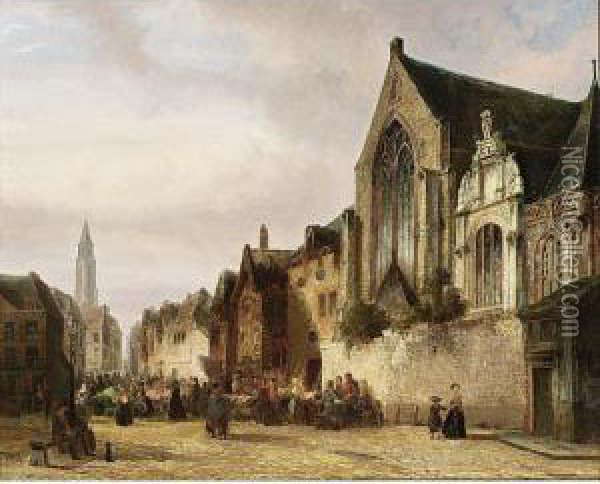 A Busy Market Oil Painting - Pierre-Henri-Theodore Tetar van Elven