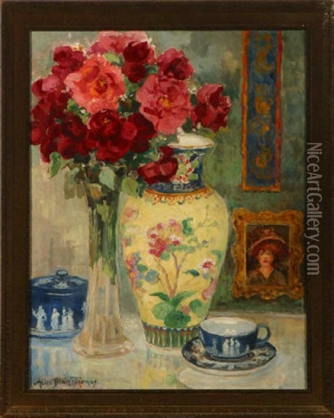 Red Roses, Chinese Vase And Wedgwood Cup And Saucer Oil Painting - Alice Blair Thomas