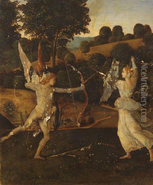 Combat De L'ange Contre La Femme Oil Painting - Pietro Perugino