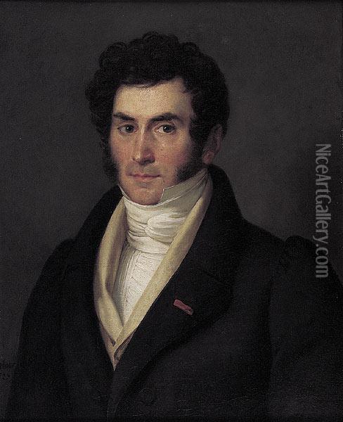 Portrait Of A Handsome Gentleman In A Black Suit With Red Lapel Ribbon Oil Painting - Esprit Aime Libour