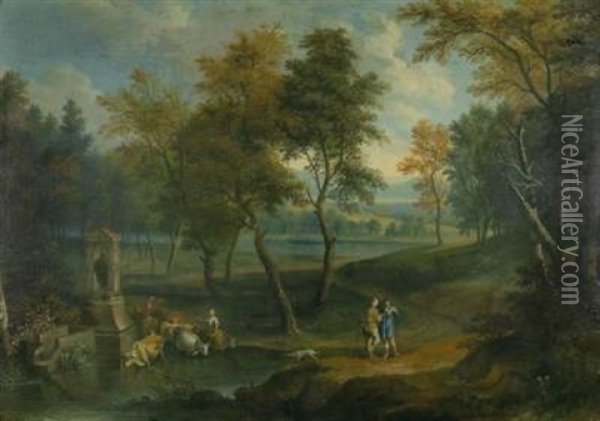 Romantische Landschaft Mit Trinkenden Rindern Am Teich Oil Painting - Joachim Franz Beich