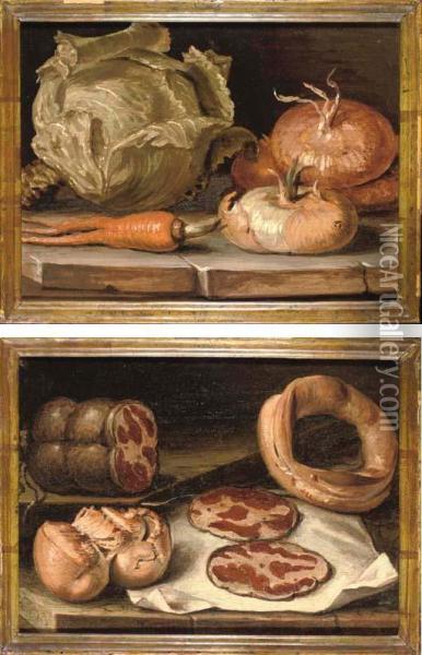 Onions, A Cabbage And A Carrot On A Stone Ledge Oil Painting - Giuseppe Artioli Da Cento