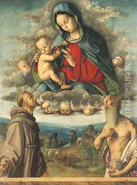 The Madonna and Child appearing to Saints Francis of Assisi and Jerome Oil Painting - Francesco Da Cotignola (see Zaganelli, Francesco di Bosio)