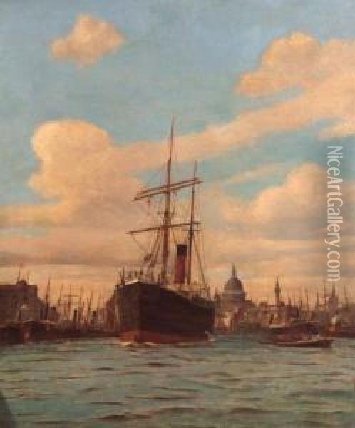 Thames With St Paul's Beyond Oil Painting - Edwin Fletcher