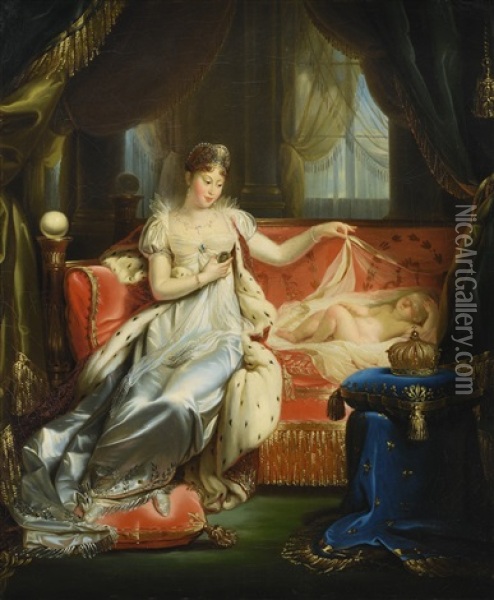 Empress Marie-louise Watching Over The Roi De Rome Asleep Oil Painting - Joseph Franque