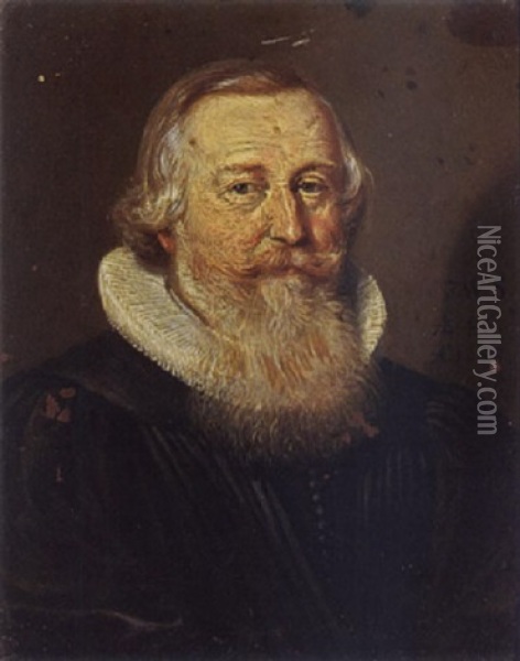 A Portrait Of An Elderly Bearded Gentleman, Aged 46, Wearing A Black Coat With A White Lace Collar Oil Painting - Conrad Meyer